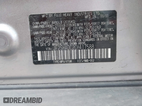 2012 Subaru Forester X Premium with VIN JF2SHADC2CH417588, listed as a IAAI auction lot 41411859 with 114,053 mi miles and . Bid and sale history available at DreamBid. Image 9.