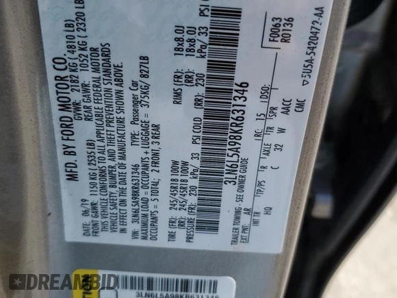 2019 Lincoln MKZ Standard z VIN 3LN6L5A98KR631346, wystawiony jako Copart lot #49717185 z przebiegiem Nie podano mil oraz Nie do naprawy. Historia ofert i sprzedaży dostępna na DreamBid. Obrazek 12.