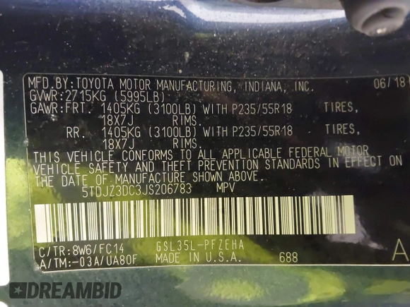 2018 Toyota Sienna LE with VIN 5TDJZ3DC3JS206783, listed as a IAAI auction lot 41597760 with 138,190 mi miles and . Bid and sale history available at DreamBid. Image 9.