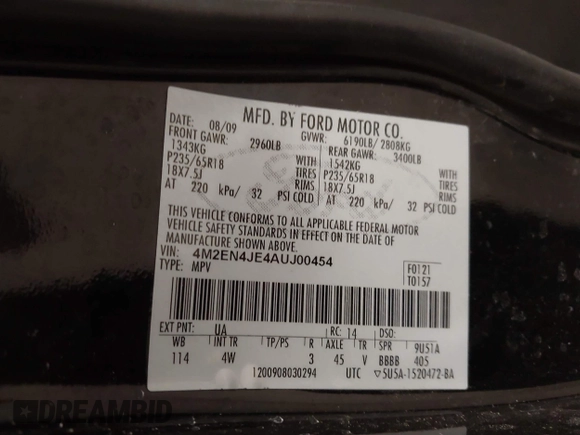 2010 Mercury Mountaineer Premier with VIN 4M2EN4JE4AUJ00454, listed as a IAAI auction lot 41372656 with 86,120 mi miles. Bid and sale history available at carsss.com. Image 9.