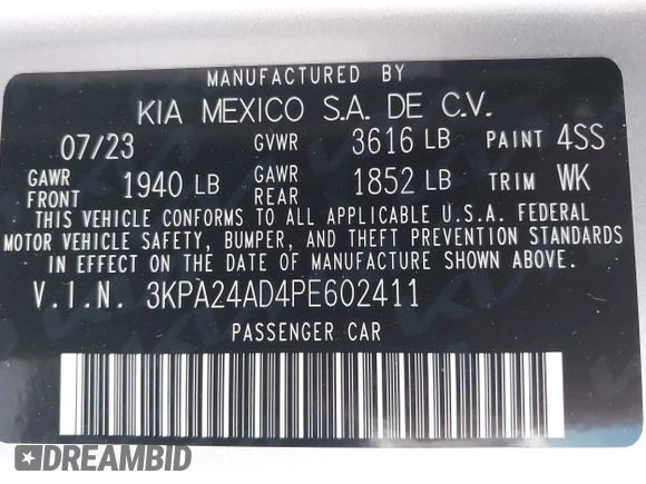 2023 Kia Rio LX with VIN 3KPA24AD4PE602411, listed as a IAAI auction lot 41860688 with 19,200 mi miles. Bid and sale history available at carsss.com. Image 9.