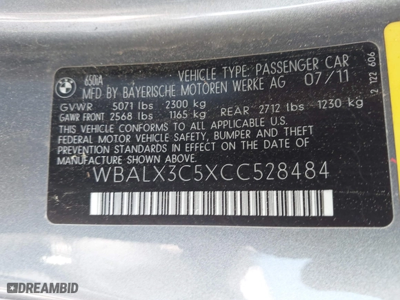 2012 BMW 6 Series 650i with VIN WBALX3C5XCC528484, listed as a IAAI auction lot 42080063 with 120,995 mi miles. Bid and sale history available at carsss.com. Image 9.