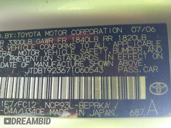 2007 Toyota Yaris with VIN JTDBT923671060543, listed as a IAAI auction lot 42085919 with 141,374 mi miles and . Bid and sale history available at DreamBid. Image 9.