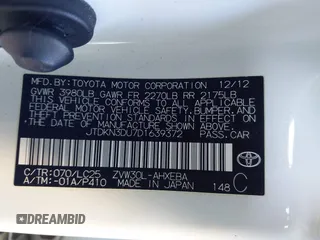 2013 Toyota Prius One with VIN JTDKN3DU7D1639372, listed as a IAAI auction lot 41351781 with 253,735 mi miles. Bid and sale history available at carsss.com. Image 9.