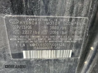 2007 Hyundai Elantra GLS with VIN KMHDU46D07U034414, listed as a Copart auction lot 58352395 with 107,767 mi miles and Salvage title. Bid and sale history available at DreamBid. Image 12.