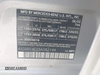 2003 Mercedes-Benz M-Class 3.2L with VIN 4JGAB54E23A383144, listed as a IAAI auction lot 41782124 with 148,084 mi miles. Bid and sale history available at carsss.com. Image 9.
