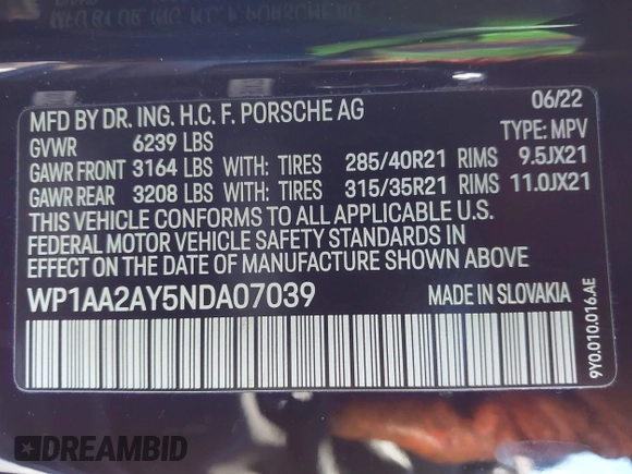2022 Porsche Cayenne Turbo S E-Hybrid with VIN WP1AA2AY5NDA07039, listed as a IAAI auction lot 41345349 with 9,738 mi miles and . Bid and sale history available at DreamBid. Image 9.