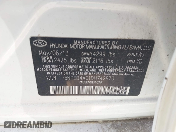 2013 Hyundai Sonata GLS with VIN 5NPEB4AC1DH742870, listed as a IAAI auction lot 42082853 with 145,078 mi miles and . Bid and sale history available at carsss.com. Image 9.