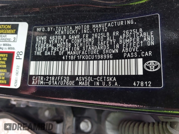 2012 Toyota Camry L with VIN 4T1BF1FK0CU198996, listed as a IAAI auction lot 42112819 with 151,110 mi miles and . Bid and sale history available at DreamBid. Image 9.
