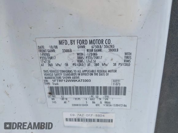 2009 Ford F-150 XL with VIN 1FTRF12W99KA73303, listed as a IAAI auction lot 41630753 with 263,587 mi miles and . Bid and sale history available at DreamBid. Image 9.