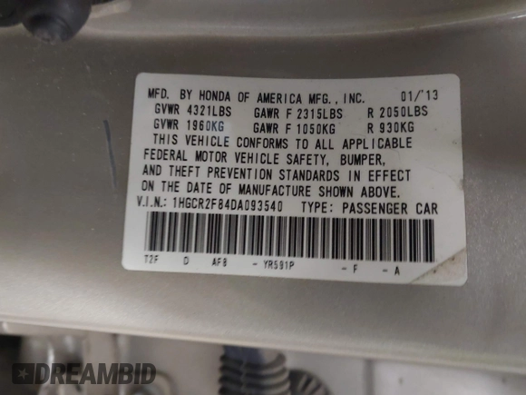 2013 Honda Accord Sdn EX-L with VIN 1HGCR2F84DA093540, listed as a IAAI auction lot 41933156 with 63,100 mi miles. Bid and sale history available at carsss.com. Image 9.