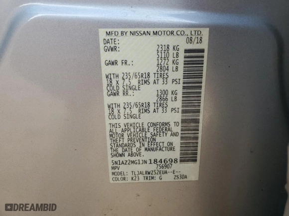 2018 Nissan Murano SL with VIN 5N1AZ2MG1JN184698, listed as a Copart auction lot 50887895 with NaN miles and Salvage Title. Bid and sale history available at carsss.com. Image 16.