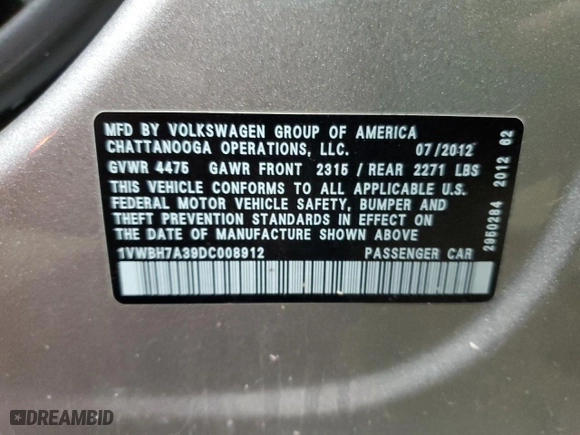 2013 Volkswagen Passat SE w/Sunroof with VIN 1VWBH7A39DC008912, listed as a Copart auction lot 52145705 with 131,921 mi miles and Clean Title. Bid and sale history available at carsss.com. Image 13.