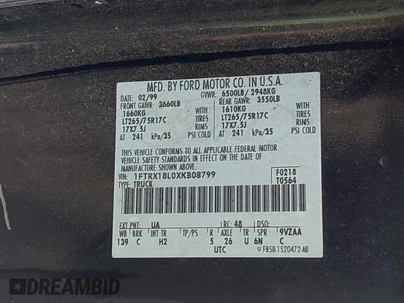 1999 Ford F-150 XL с VIN 1FTRX18L0XKB08799, выставлен на аукционе IAAI как лот 42499615 с пробегом Не указан миль и . История ставок и продаж доступна на DreamBid. Изображение 9.