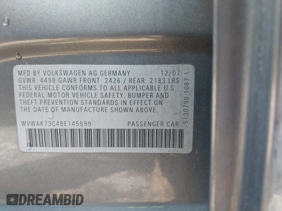 2008 Volkswagen Passat Komfort with VIN WVWAK73C48E145599, listed as a IAAI auction lot 42005894 with 158,147 mi miles and . Bid and sale history available at DreamBid. Image 9.