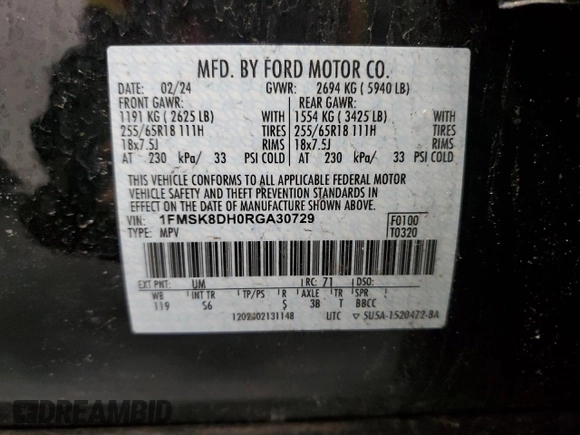 2024 Ford Explorer XLT with VIN 1FMSK8DH0RGA30729, listed as a Copart auction lot 49644855 with 31,806 mi miles and Salvage Title. Bid and sale history available at carsss.com. Image 14.