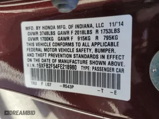 2015 Honda Civic Sedan LX with VIN 19XFB2F54FE218980, listed as a Copart auction lot 52682015 with 75,588 mi miles and Salvage Title. Bid and sale history available at carsss.com. Image 14.