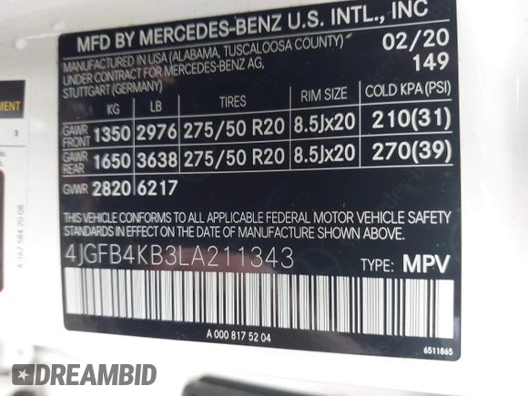2020 Mercedes-Benz GLE 350 with VIN 4JGFB4KB3LA211343, listed as a IAAI auction lot 42712925 with 51,093 mi miles and . Bid and sale history available at DreamBid. Image 9.