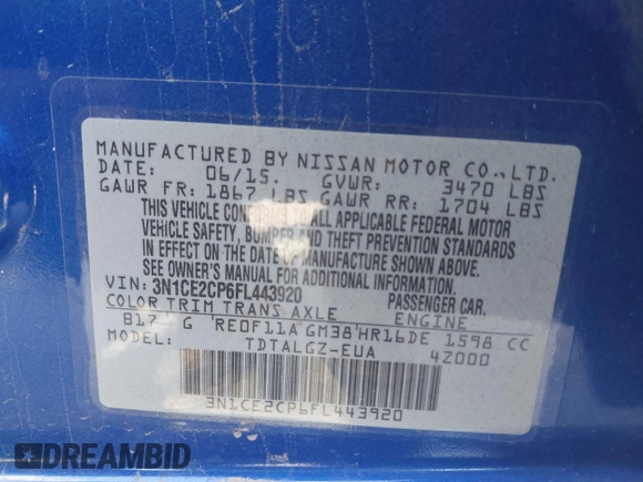 2015 Nissan Note SV with VIN 3N1CE2CP6FL443920, listed as a IAAI auction lot 41950278 with 178,636 mi miles and . Bid and sale history available at DreamBid. Image 9.