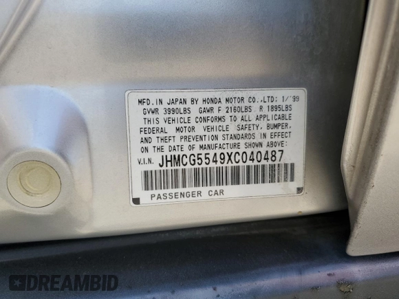 1999 Honda Accord LX z VIN JHMCG5549XC040487, wystawiony jako Copart lot #67415984 z przebiegiem 205 698 mil mil oraz Szkoda całkowita • Salvage title. Historia ofert i sprzedaży dostępna na DreamBid. Obrazek 12.