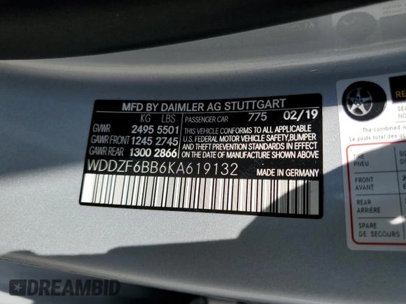 2019 Mercedes-Benz E 53 AMG with VIN WDDZF6BB6KA619132, listed as a Copart auction lot 50755365 with 59,130 mi miles and Salvage title. Bid and sale history available at DreamBid. Image 12.