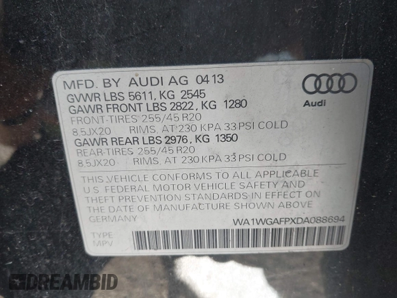2013 Audi Q5 Prestige with VIN WA1WGAFPXDA088694, listed as a IAAI auction lot 42142547 with 156,801 mi miles and . Bid and sale history available at DreamBid. Image 9.