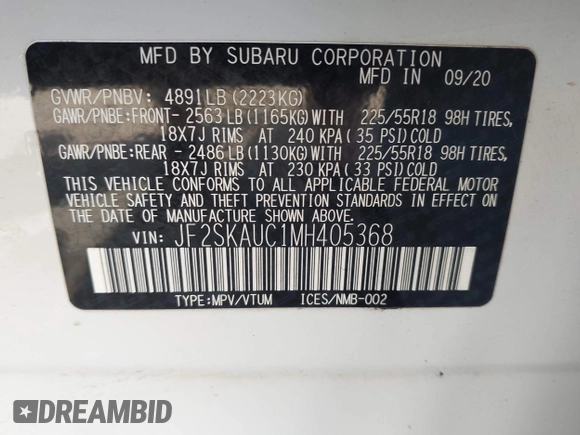 2021 Subaru Forester Limited z VIN JF2SKAUC1MH405368, wystawiony jako IAAI lot #42532611 z przebiegiem 59 699 mil mil oraz . Historia ofert i sprzedaży dostępna na DreamBid. Obrazek 9.