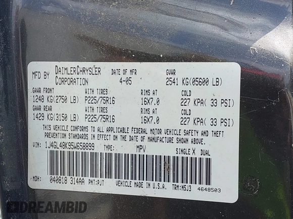 2005 Jeep Liberty Sport with VIN 1J4GL48K95W658899, listed as a IAAI auction lot 41914218 with 218,755 mi miles and . Bid and sale history available at DreamBid. Image 9.