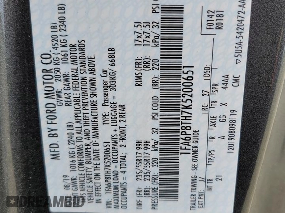 2019 Ford Mustang EcoBoost with VIN 1FA6P8TH7K5200651, listed as a Copart auction lot 52955355 with 60,994 mi miles and Salvage Title. Bid and sale history available at carsss.com. Image 13.