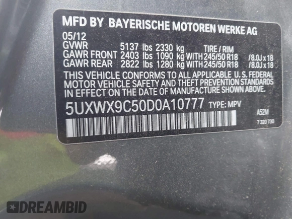 2013 BMW X3 xDrive28i with VIN 5UXWX9C50D0A10777, listed as a IAAI auction lot 42216080 with 153,409 mi miles and . Bid and sale history available at DreamBid. Image 9.