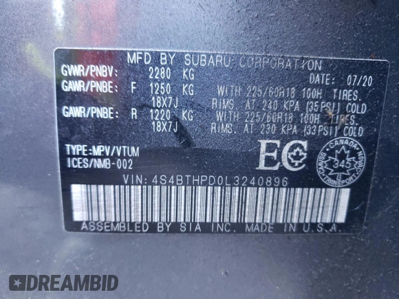 2020 Subaru Outback with VIN 4S4BTHPD0L3240896, listed as a Copart auction lot 46483915 with 19,933 mi miles and Non repairable. Bid and sale history available at DreamBid. Image 10.