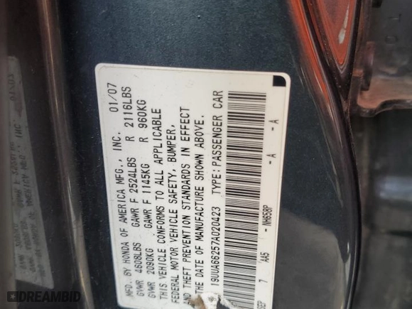 2007 Acura TL with VIN 19UUA66257A020423, listed as a Copart auction lot 54712614 with 185,755 mi miles and Non Repairable. Bid and sale history available at carsss.com. Image 15.