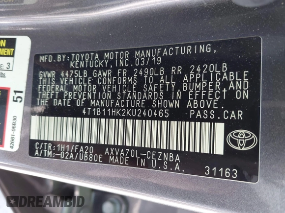 2019 Toyota Camry LE with VIN 4T1B11HK2KU240465, listed as a IAAI auction lot 42095075 with 67,852 mi miles and . Bid and sale history available at DreamBid. Image 9.