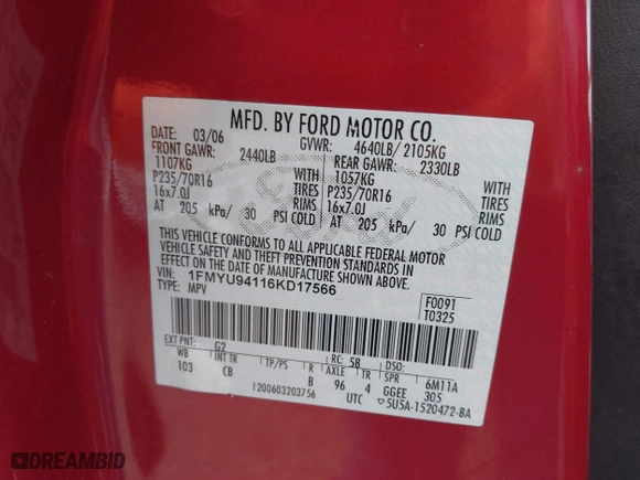 2006 Ford Escape Limited with VIN 1FMYU94116KD17566, listed as a IAAI auction lot 41538273 with 143,237 mi miles. Bid and sale history available at carsss.com. Image 9.