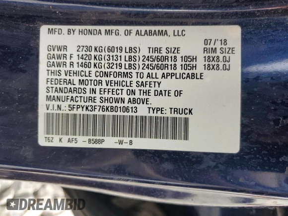 2019 Honda Ridgeline RTL-E with VIN 5FPYK3F76KB010613, listed as a Copart auction lot 60401125 with 90,492 mi miles and Salvage title. Bid and sale history available at DreamBid. Image 12.