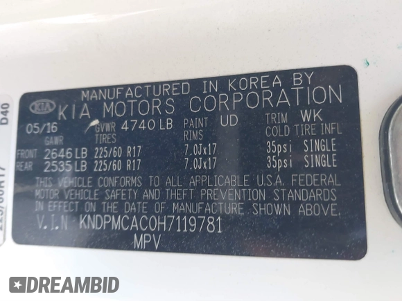 2017 Kia Sportage LX with VIN KNDPMCAC0H7119781, listed as a IAAI auction lot 41841318 with 120,902 mi miles and . Bid and sale history available at carsss.com. Image 9.