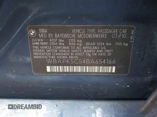 2011 BMW 3 Series 328i xDrive with VIN WBAPK5C54BA654166, listed as a IAAI auction lot 41462731 with 141,844 mi miles and . Bid and sale history available at DreamBid. Image 9.