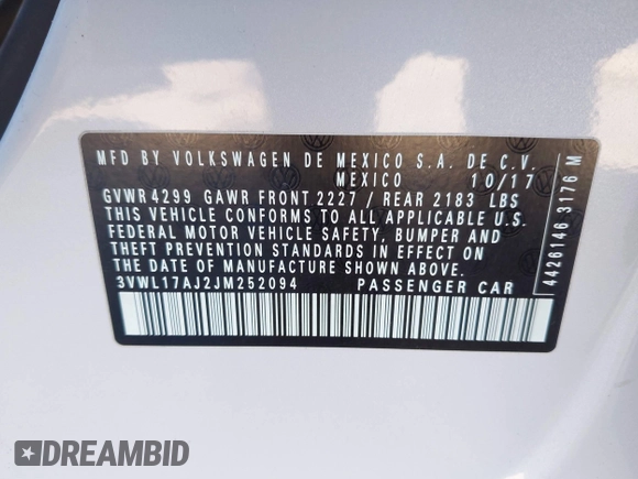 2018 Volkswagen Jetta SEL с VIN 3VWL17AJ2JM252094, выставлен на аукционе IAAI как лот 41397575 с пробегом 57 983 миль миль и . История ставок и продаж доступна на DreamBid. Изображение 9.