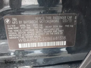2011 BMW 3 Series 328i with VIN WBAPH7C50BE681318, listed as a IAAI auction lot 42379473 with 202,033 mi miles and . Bid and sale history available at DreamBid. Image 9.