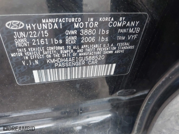 2016 Hyundai Elantra Value Edition with VIN KMHDH4AE1GU588520, listed as a IAAI auction lot 40841547 with 92,600 mi miles. Bid and sale history available at carsss.com. Image 9.
