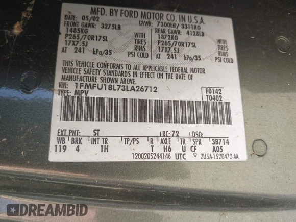 2003 Ford Expedition Eddie Bauer with VIN 1FMFU18L73LA26712, listed as a IAAI auction lot 42649890 with Not provided miles and . Bid and sale history available at DreamBid. Image 9.
