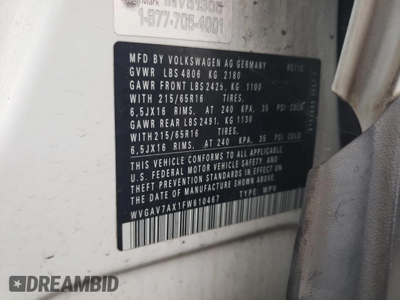 2015 Volkswagen Tiguan R-Line with VIN WVGAV7AX1FW610467, listed as a Copart auction lot 55670825 with 113,870 mi miles and Salvage Title. Bid and sale history available at DreamBid. Image 12.
