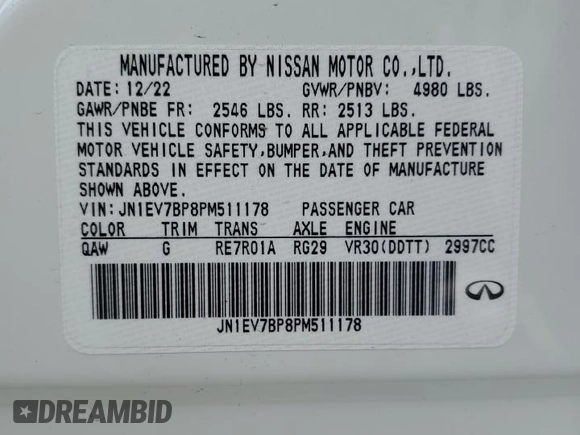 2023 Infiniti Q50 Luxe with VIN JN1EV7BP8PM511178, listed as a Copart auction lot 42441725 with 26,861 mi miles and Salvage Title. Bid and sale history available at DreamBid. Image 12.