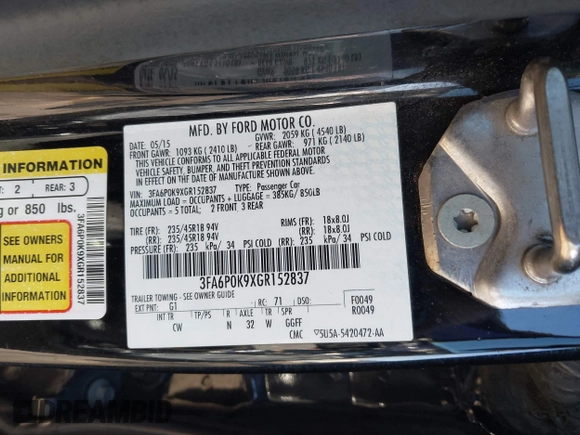 2016 Ford Fusion Titanium with VIN 3FA6P0K9XGR152837, listed as a IAAI auction lot 41647436 with 196,700 mi miles. Bid and sale history available at carsss.com. Image 9.