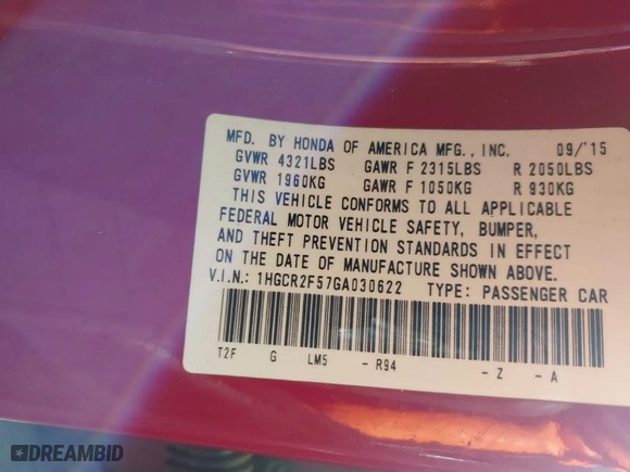2016 Honda Accord Sedan Sport with VIN 1HGCR2F57GA030622, listed as a IAAI auction lot 41801343 with 152,197 mi miles. Bid and sale history available at carsss.com. Image 9.
