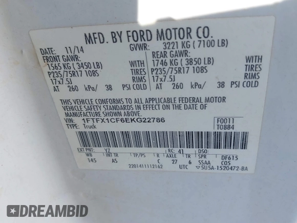 2014 Ford F-150 XL with VIN 1FTFX1CF6EKG22786, listed as a IAAI auction lot 41633180 with 114,966 mi miles. Bid and sale history available at carsss.com. Image 9.