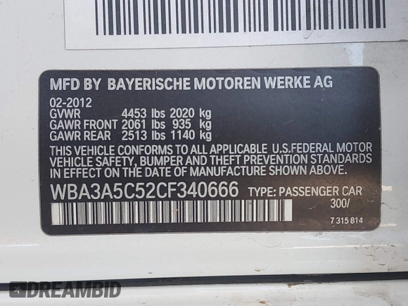 2012 BMW 3 Series 328i with VIN WBA3A5C52CF340666, listed as a IAAI auction lot 42508281 with 131,795 mi miles and . Bid and sale history available at DreamBid. Image 9.