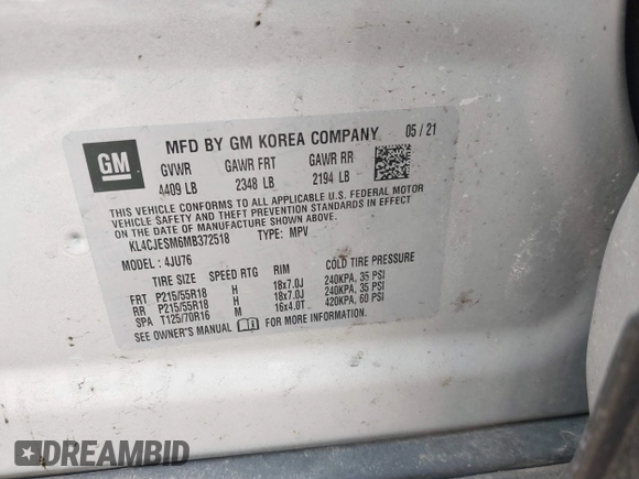 2021 Buick Encore Preferred with VIN KL4CJESM6MB372518, listed as a IAAI auction lot 41849687 with 73,509 mi miles. Bid and sale history available at carsss.com. Image 9.