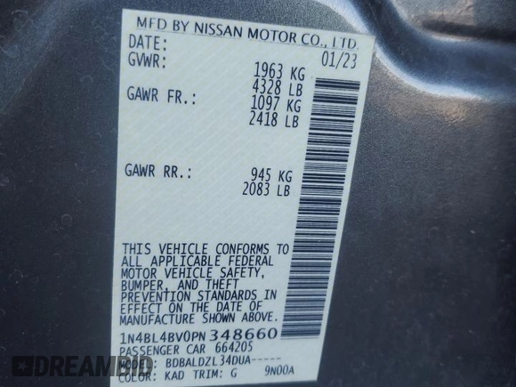 2023 Nissan Altima S with VIN 1N4BL4BV0PN348660, listed as a Copart auction lot 46491545 with 30,082 mi miles and Salvage Title. Bid and sale history available at carsss.com. Image 14.