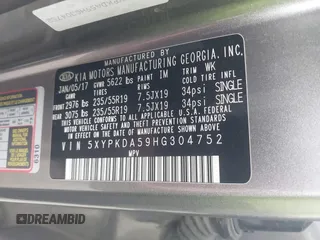 2017 Kia Sorento SX with VIN 5XYPKDA59HG304752, listed as a IAAI auction lot 40931971 with 143,211 mi miles and . Bid and sale history available at DreamBid. Image 9.